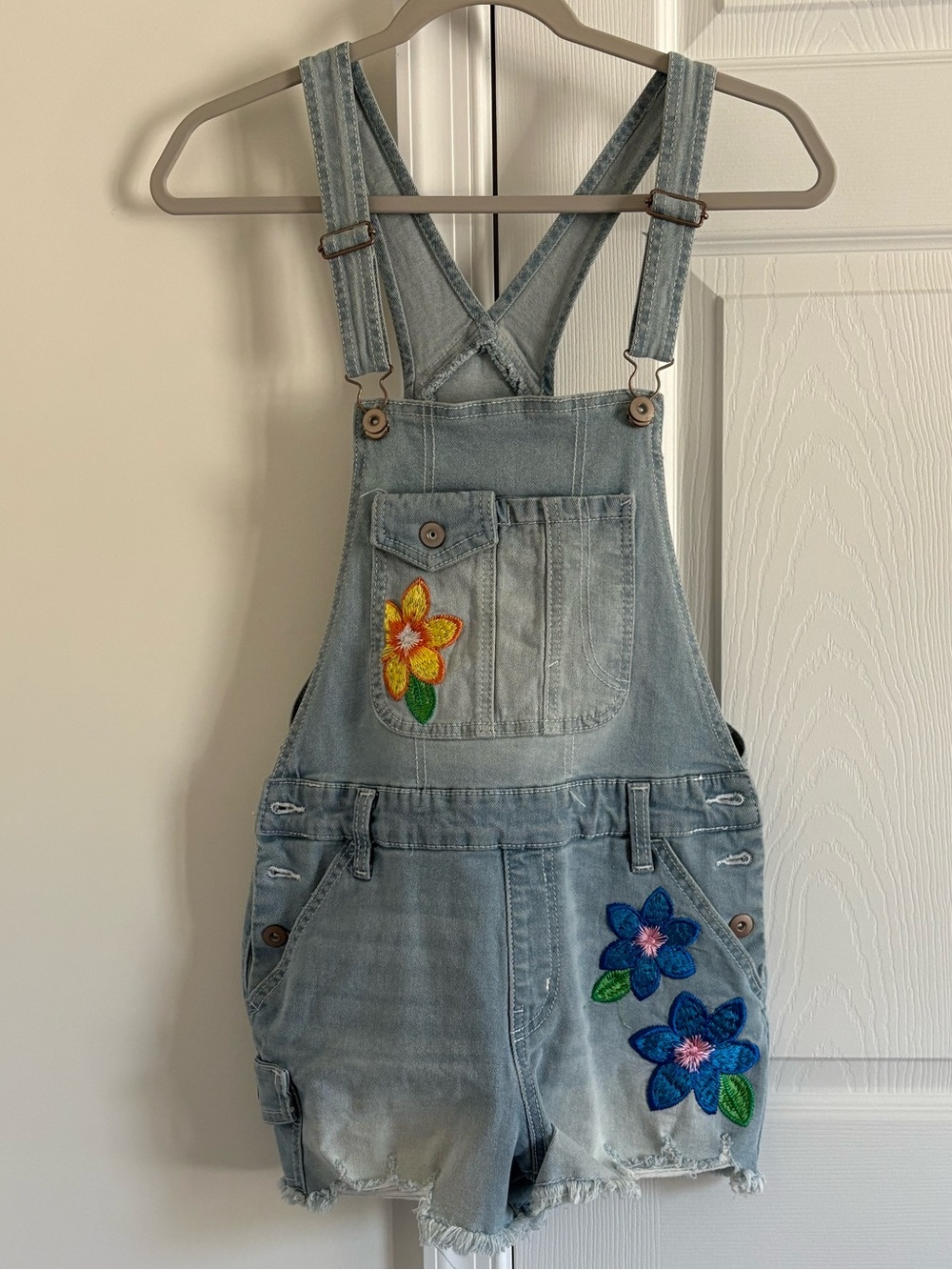 No Boundaries Light Blue Denim Short Overalls with Floral Patches
